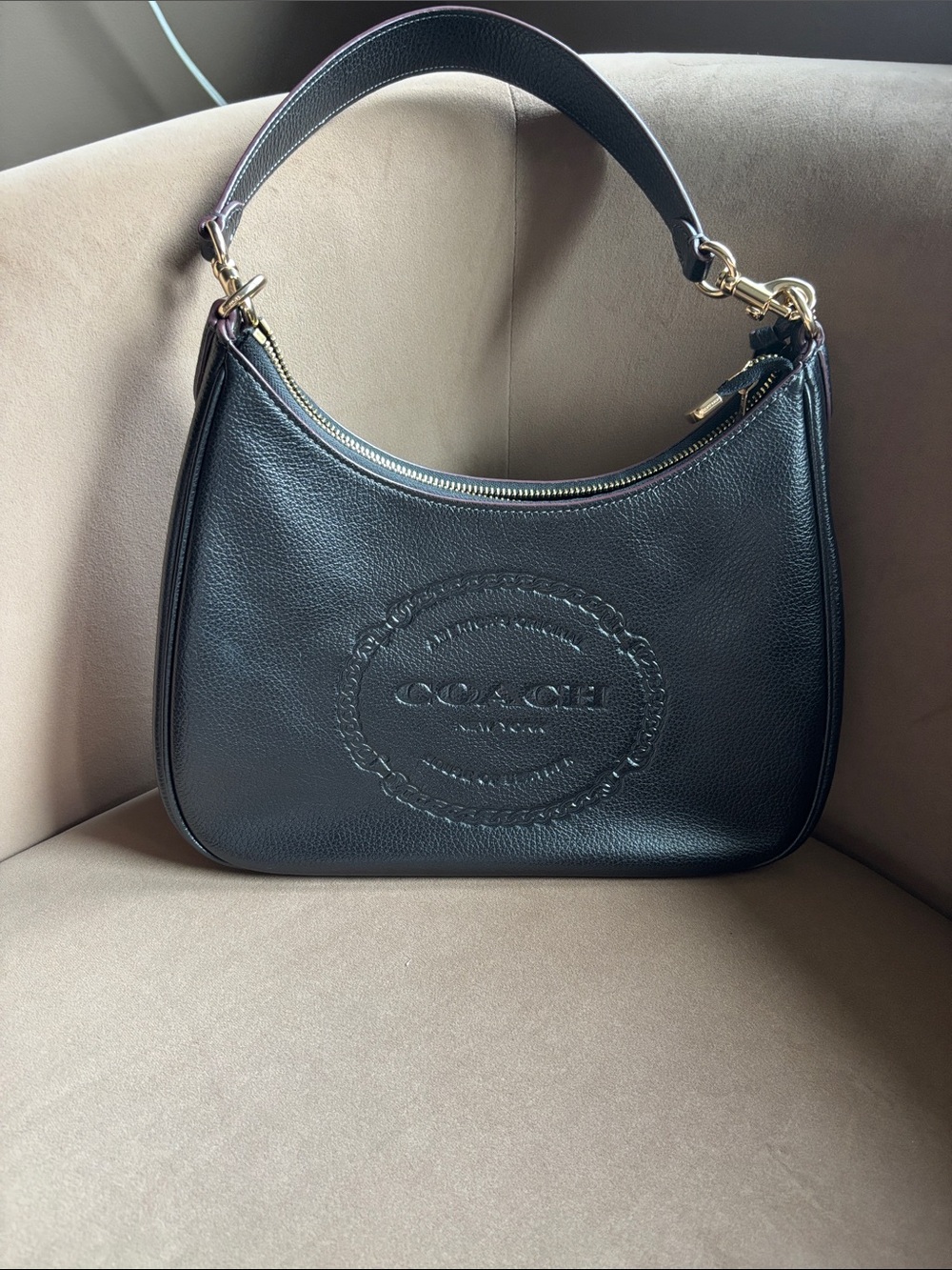 Coach Black Pebbled Leather Shoulder Bag with Embossed Logo